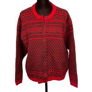 Chaus Sport Red‎ Black Button Up 100% Wool VTG (?) Cardigan XL Christmas Career